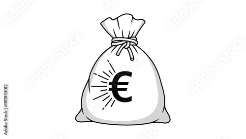 Large white sack featuring a bold Euro currency symbol represents savings, wealth, banking, or economic prosperity in a simple drawing.
