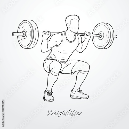 Weight lifter vector illustration line art outline male athlete lifting action barbell strength sport fitness bodybuilding powerlifting graphic design minimalist modern scalable gym training workout
