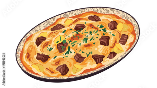 Rich meat and potato stew garnished with herbs is served in a delicious dish, representing home-cooked comfort food or curry.