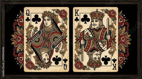 Vintage Tattoo Style King and Queen of Clubs Playing Cards Art. Traditional Americana Casino Gambling Poster Design.