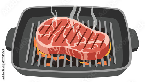 Thick beef steak is shown grilling on a charcoal pan with steam rising, highlighting the delicious texture of a perfectly cooked meal.