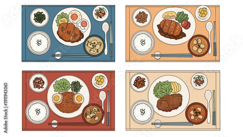 Collection of four traditional Japanese meal sets called teishoku feature rice, soup, main dishes, and side portions on colorful mats.