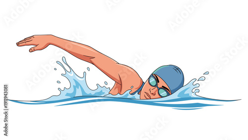 Determined swimmer performs the freestyle stroke through splashing blue water, capturing the intensity and motion of competitive swimming.