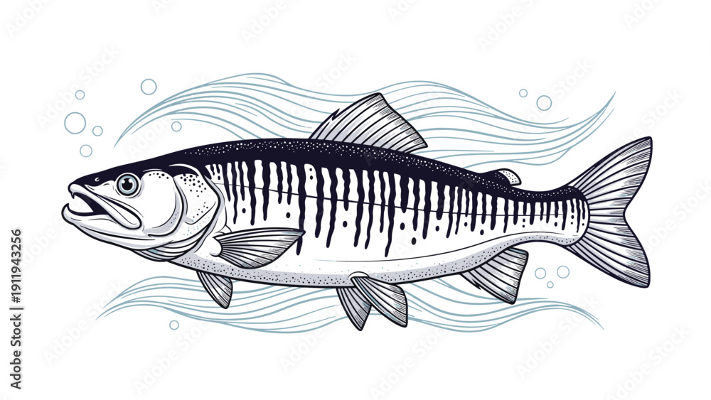 Obraz premium Detailed illustration of a fish with dark spots and stripes swimming in water depicted with wavy lines for fishing and nature themes.