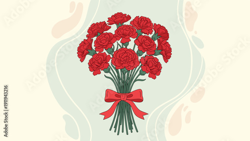 Beautiful bouquet of red carnation flowers tied with bright red ribbon against soft green and peach abstract background.
