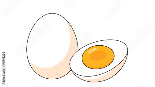 Two hard boiled eggs with one whole and one sliced in half to reveal the bright yellow yolk for breakfast and healthy protein concepts.