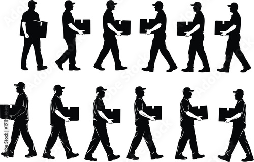 Delivery Man Silhouette Set Carrying Cardboard Boxes, Vector Courier Character Icons, Logistics Service Personnel, Shipping and Moving Company Staff Graphics isolated on White