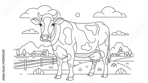 Black and white line art of a cow standing in a field with a farm house and hills in the background for children to color and learn.
