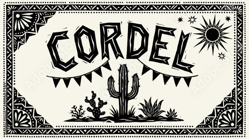 Cordel Woodcut Art Banner with Cactus, Sun, and Folk Border. Black Linocut Xylography Style Title Design.