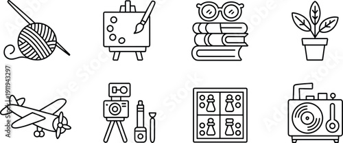 Collection of black and white hobby icons including knitting, painting, reading, gardening, aviation, photography, board games, and music activities