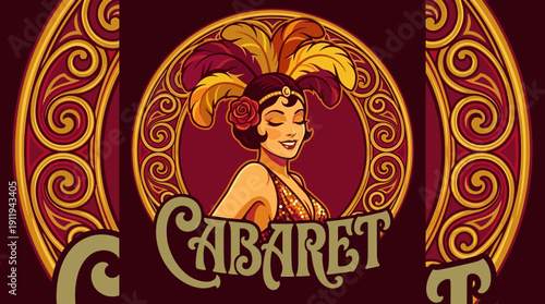 Cabaret Logo: Retro Art Deco Flapper Girl in Sequins and Feathers. Vintage Style Poster Vector Illustration.