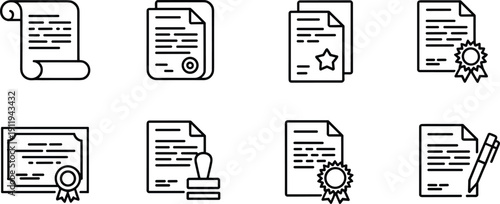 Document and certificate line icons set including diploma, contract, approval stamp, seal badge, and official paperwork symbols in outline style