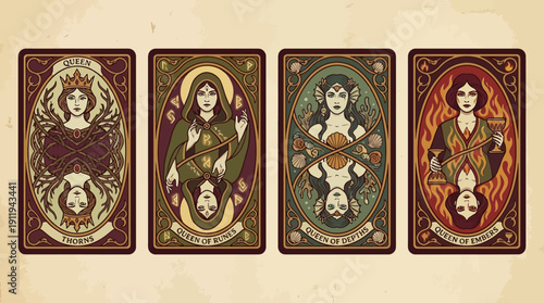 Art Nouveau Elemental Queens Tarot Cards Set: Thorns, Runes, Depths, Embers. Mystical Fantasy Occult Illustration.