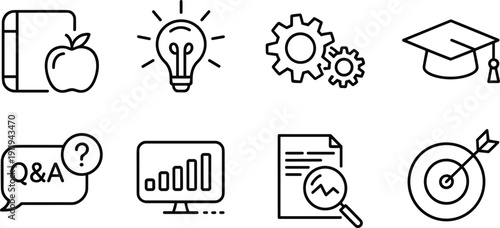 Education and learning line icons set featuring book, apple, lightbulb, gears, graduation cap, analytics, research, and goal achievement symbols