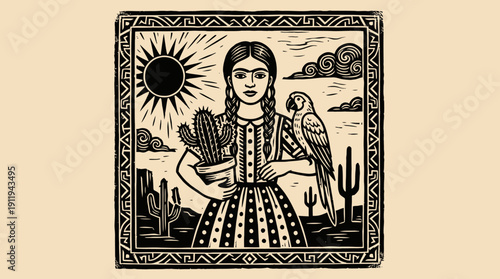 Mexican Folk Art Linocut: Woman Holding Cactus and Parrot in Desert Scene. Aztec-Inspired Decorative Border.