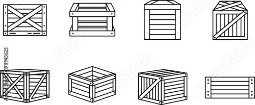 Wooden shipping crate and storage box line icons set featuring cargo containers, packaging, logistics, and warehouse transport symbols outline
