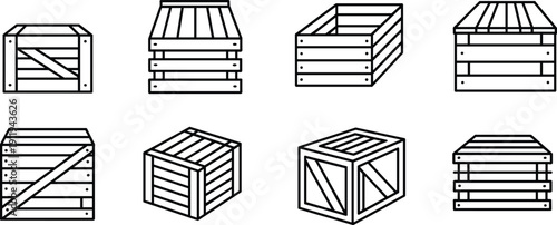 Set of wooden crate and box line icons showing storage, packaging, shipping containers, and cargo handling symbols in outline style