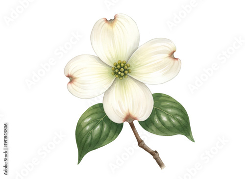 A white dogwood flower with green leaves on a stem, botanical illustration for spring artwork and garden design.