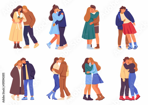 Diverse couples embracing a collection of heartwarming illustrated connections