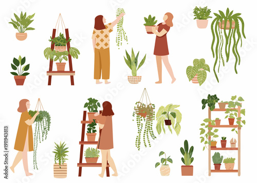 People tending to indoor plants and decorative hanging arrangements