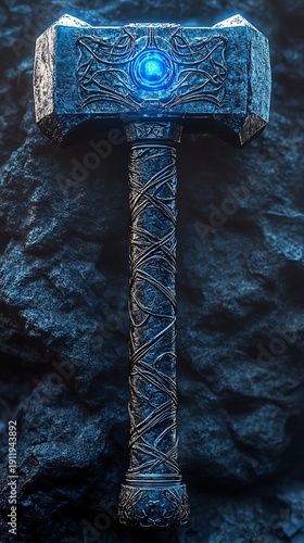 Glowing blue hammer with intricate designs on a dark rocky background