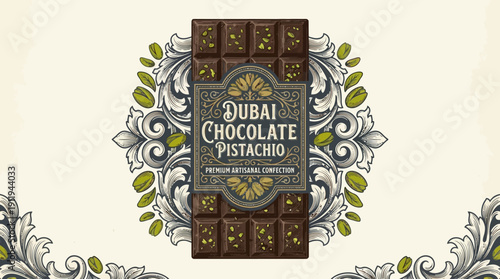 Vintage Chocolate Pistachio Bar Label Design. Engraving Style Packaging with Ornate Luxury Confectionery Illustration.