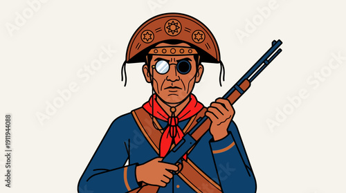 Traditional Brazilian Cangaceiro Figure Illustration. Iconic Nordeste Bandit Lampião with Rifle and Leather Hat.