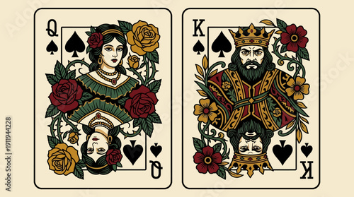 King and Queen of Spades Playing Cards Illustration in Vintage Traditional Tattoo Style