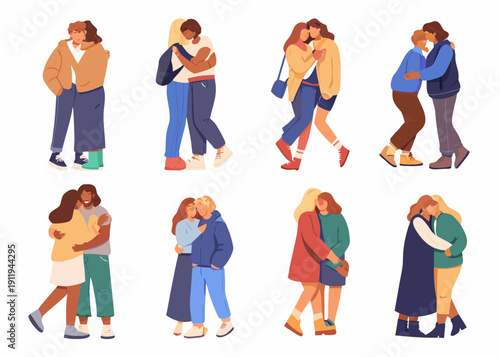 Diverse couples embracing illustrations of affection and connection