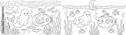 8.5x11 inch Halloween coloring page. fun design with ghosts, a boy dressed as a vampire and more. Ready to print on standard 8.5 x 11 (US letter paper) page.