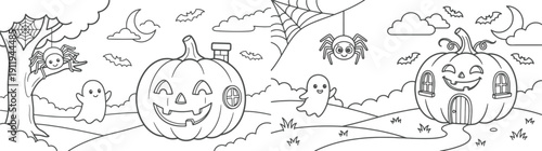 8.5x11 inch Halloween coloring page. fun design with ghosts, a boy dressed as a vampire and more. Ready to print on standard 8.5 x 11 (US letter paper) page.