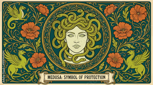 Medusa Symbol of Protection Vintage Illustration. Ancient Greek Mythological Portrait in Ornate Art Nouveau Floral Frame with Griffins.