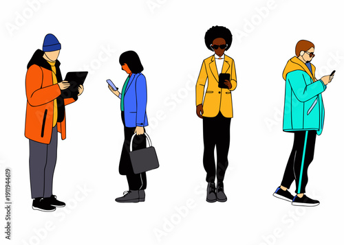 Four people standing in a row each looking at their phone