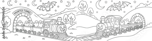 8.5x11 inch Halloween coloring page. fun design with ghosts, a boy dressed as a vampire and more. Ready to print on standard 8.5 x 11 (US letter paper) page.