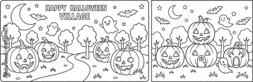 8.5x11 inch Halloween coloring page. fun design with ghosts, a boy dressed as a vampire and more. Ready to print on standard 8.5 x 11 (US letter paper) page.