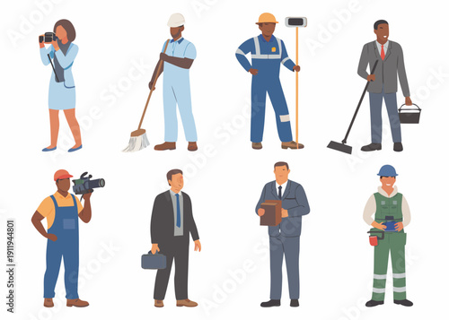 Diverse group of professionals and workers in various occupations illustrated