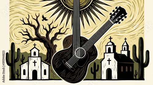 Southwestern Woodcut Art: Acoustic Guitar, Desert Missions, and Cacti under Radiant Sun. Vintage Folk Music Poster Style Illustration.