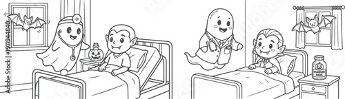 8.5x11 inch Halloween coloring page. fun design with ghosts, a boy dressed as a vampire and more. Ready to print on standard 8.5 x 11 (US letter paper) page.