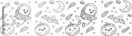 8.5x11 inch Halloween coloring page. fun design with ghosts, a boy dressed as a vampire and more. Ready to print on standard 8.5 x 11 (US letter paper) page.