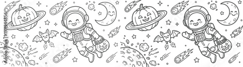 8.5x11 inch Halloween coloring page. fun design with ghosts, a boy dressed as a vampire and more. Ready to print on standard 8.5 x 11 (US letter paper) page.