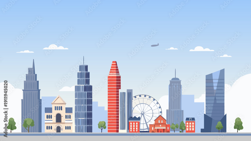 Fototapeta premium Stylized cityscape illustration with modern buildings a ferris wheel and a clear blue sky backdrop