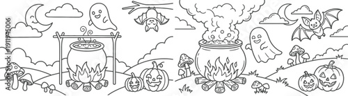 8.5x11 inch Halloween coloring page. fun design with ghosts, a boy dressed as a vampire and more. Ready to print on standard 8.5 x 11 (US letter paper) page.