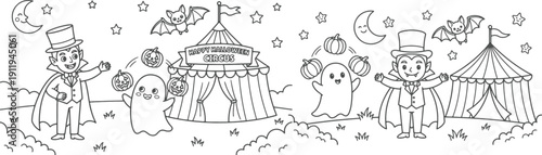 8.5x11 inch Halloween coloring page. fun design with ghosts, a boy dressed as a vampire and more. Ready to print on standard 8.5 x 11 (US letter paper) page.