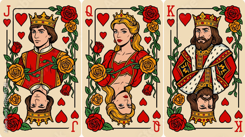 Vintage King Queen Jack of Hearts Playing Cards. Royal Court Set Illustration with Roses, Casino, and Poker Game Design.