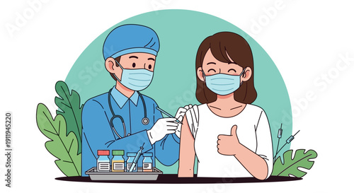 Medical professional administering vaccine to a patient with a positive gesture.