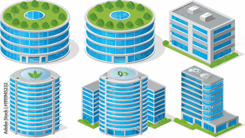 Isometric illustration of modern buildings with rooftop gardens and sleek glass facades