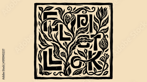 FLORIST Woodcut Lettering Poster. Vintage Botanical Black and White Linocut Typography Illustration with Intricate Floral Vines