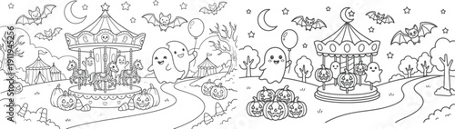 8.5x11 inch Halloween coloring page. fun design with ghosts, a boy dressed as a vampire and more. Ready to print on standard 8.5 x 11 (US letter paper) page.