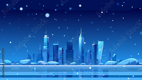 Night cityscape silhouette with stylized buildings and a bright moon in a blue sky background