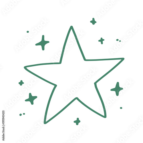 Hand drawn doodle star outline icon with sparkles. Simple star shape for celebration, achievement, rating, wish. Vector illustration